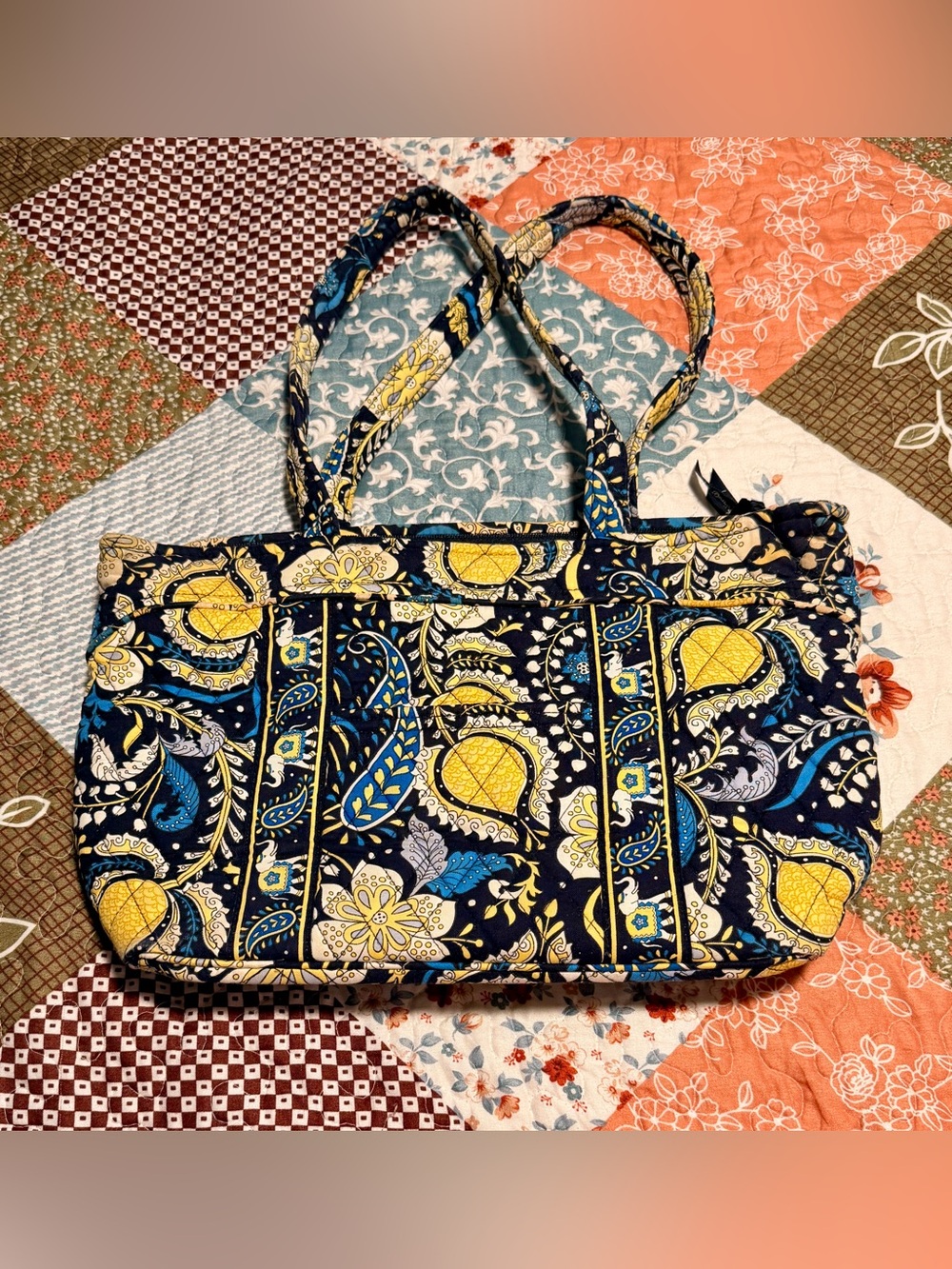 Vera Bradley Quilted Cotton Tote Bag Night & Day Elephant Paisley Zip Top